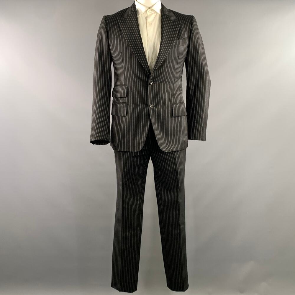 TOM FORD Chest Size 42 Black White Pinstripe Wool mohair Peak Lapel 34 31 Suit